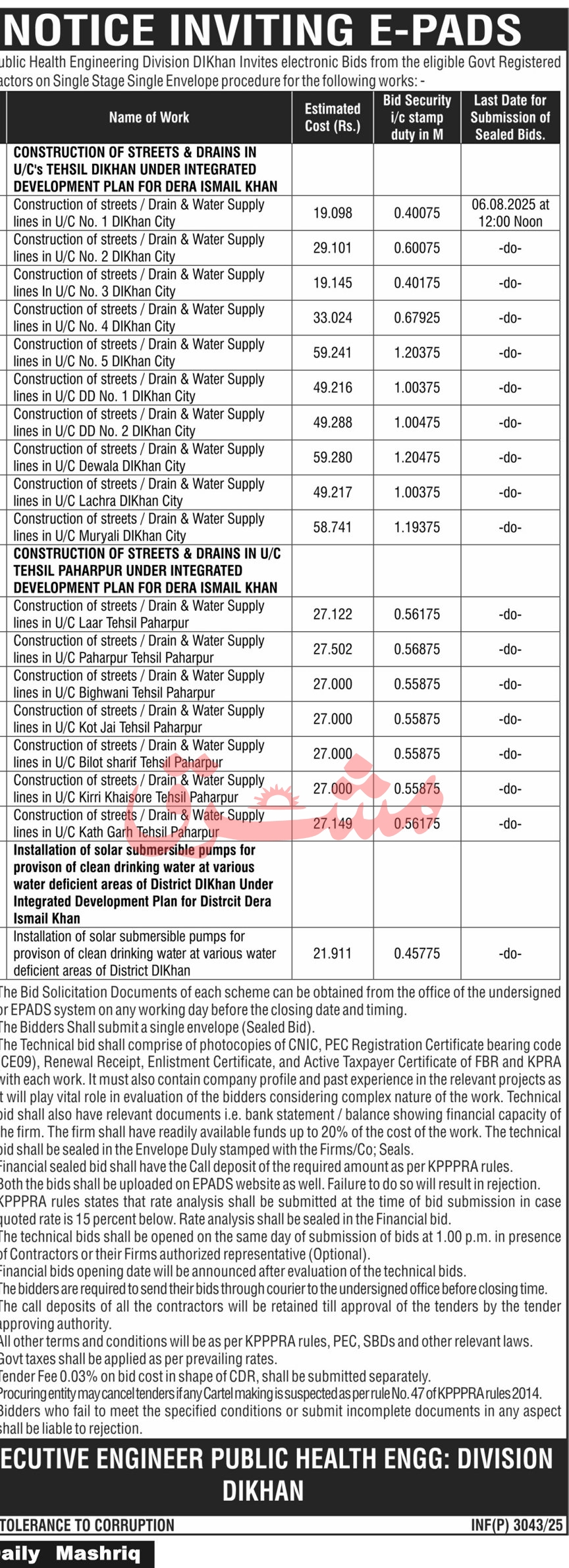 Public Health Engineering Division DI Khan Tender Notice